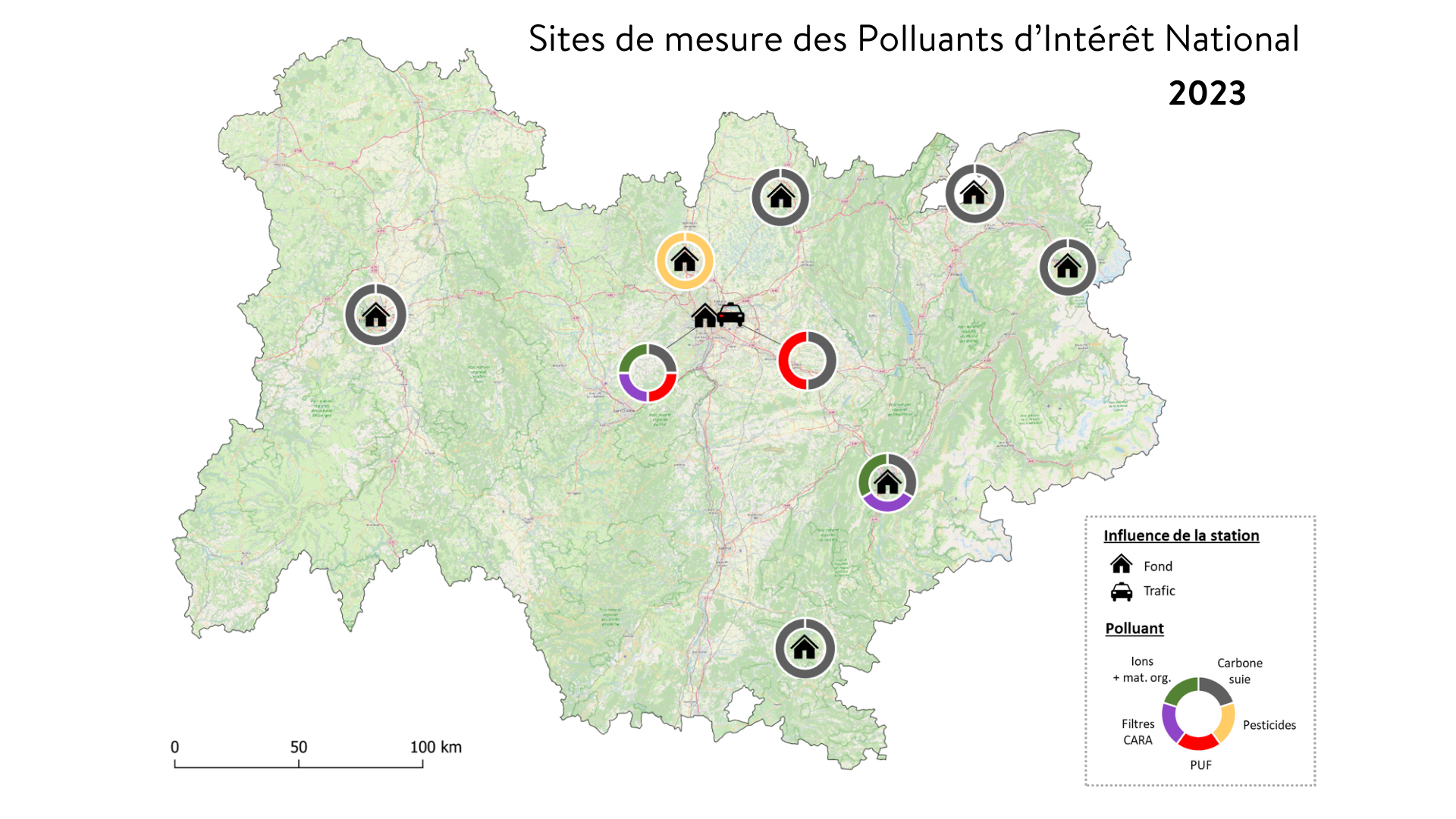 Carte des sites de mesures Polluants Intérêt National