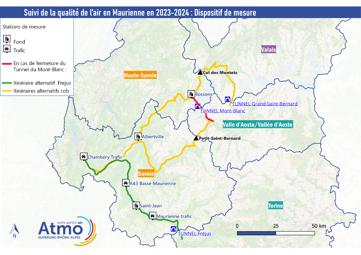 Carte du suivi de la qualité de l'air en Maurienne en 2023-2024