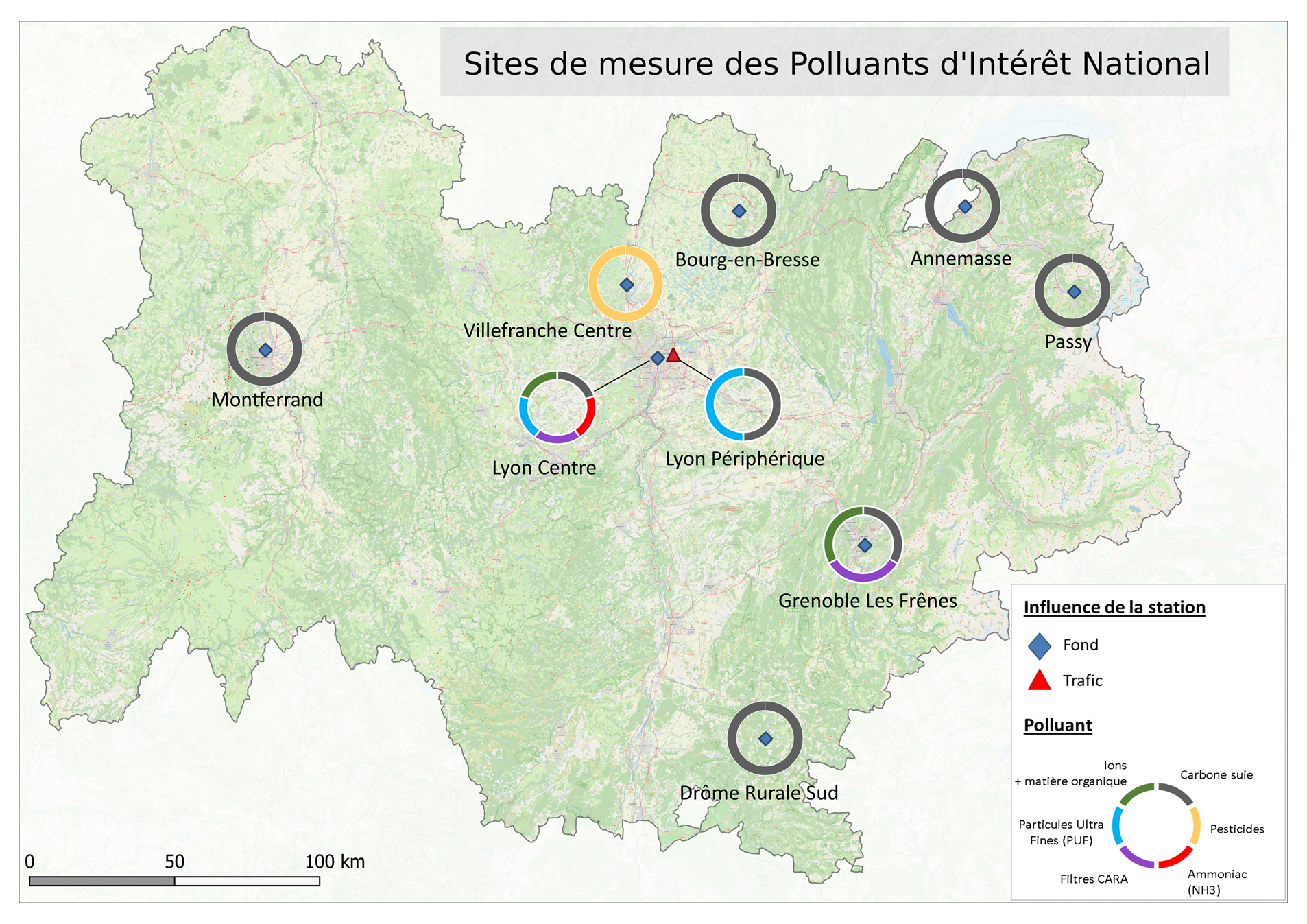 Carte de sites de mesure des Polluants d'Intérêt National